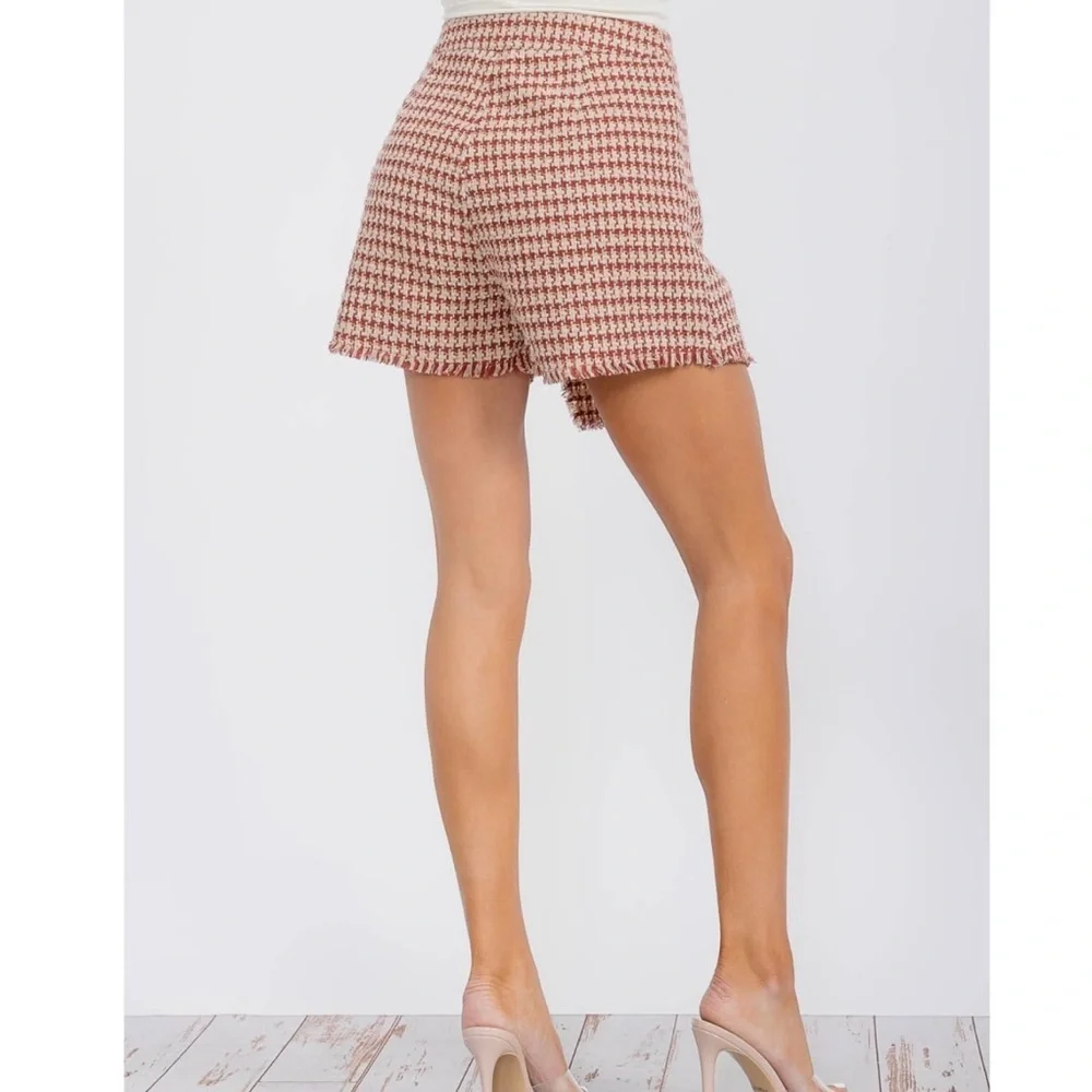 Women Modern Surplice Tweed Textured Mini Skort Houndstooth Skirt Red